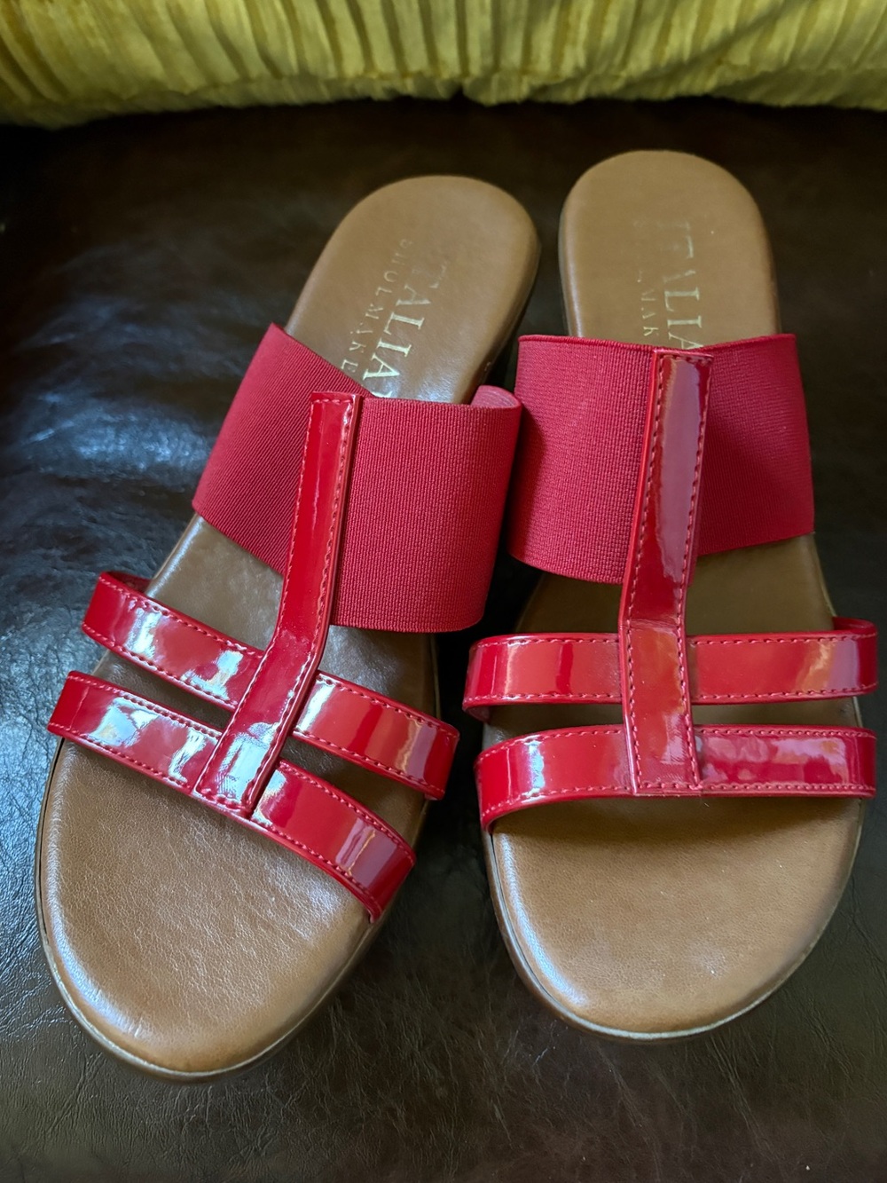 Italian Shoemakers Red Patent Slide Sandals with Elastic Band